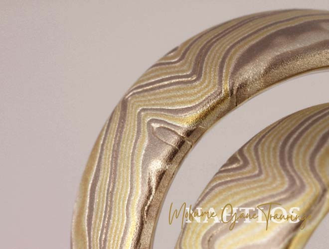 Mokume Gane Ringe in Gelbgold, Palladium und Silber